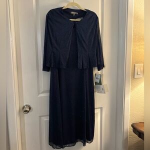 Danny and Nicole Navy Blue w/ Shimmer Midi Dress with Jacket sz 16 NWT